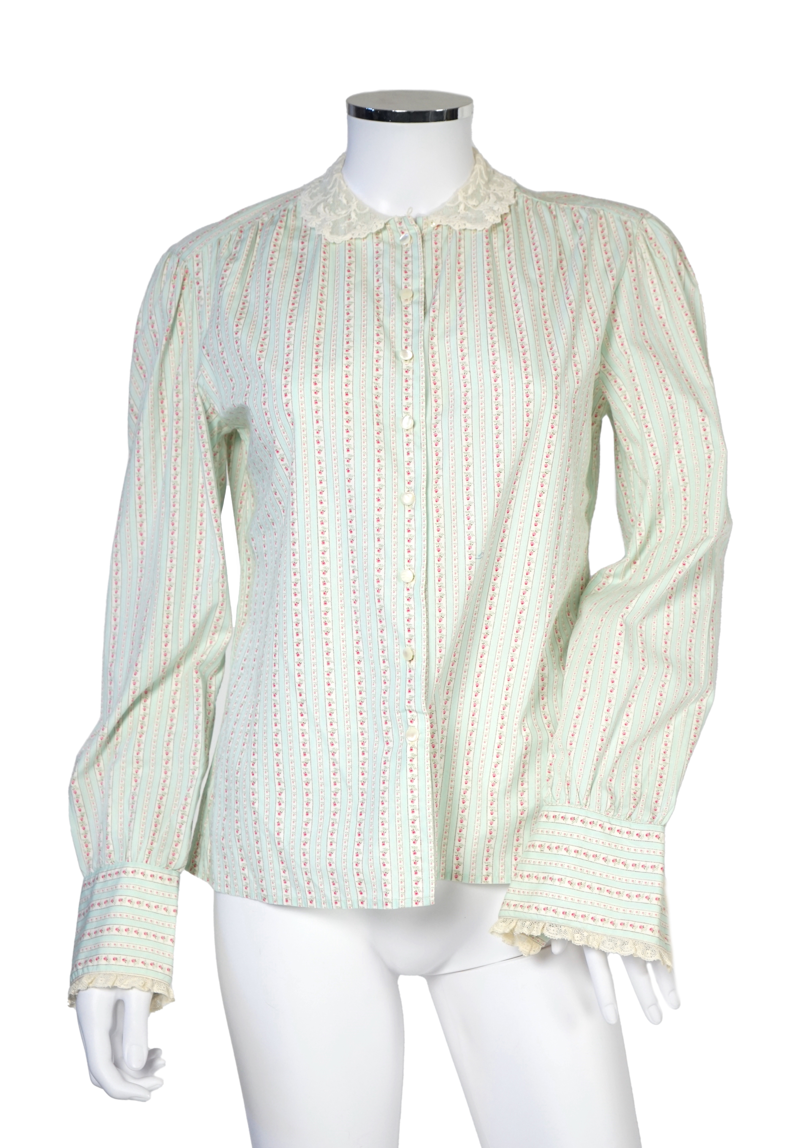 Two Ralph Lauren cotton blouses with lace detail, cream size 10, floral stripe size 8
